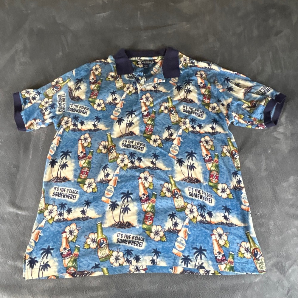 Big Dogs Mens It's Five O'Clock Somewhere Beer Tropical Polo Shirt Blue 2X